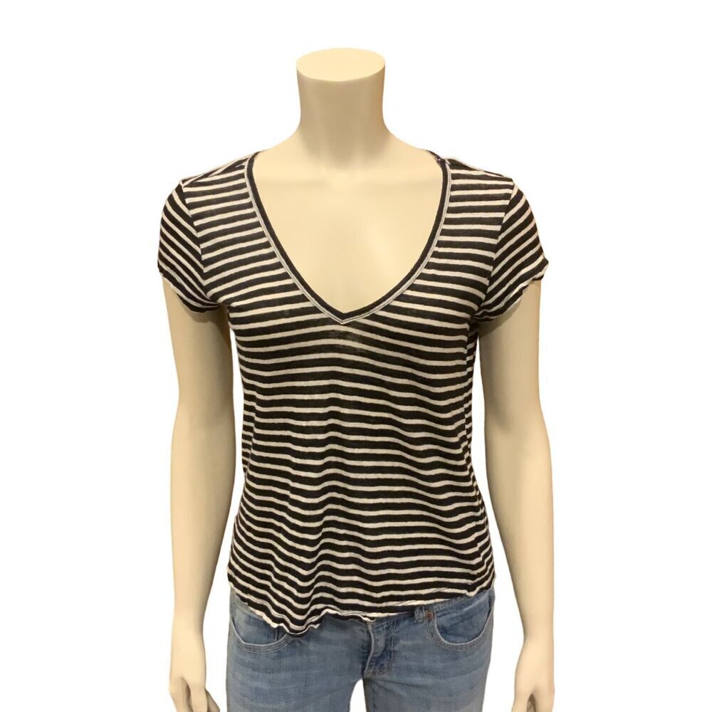 For all Man Kind 7 V Neck Short Sleeve  Tee Black/White Stripped womens size  M